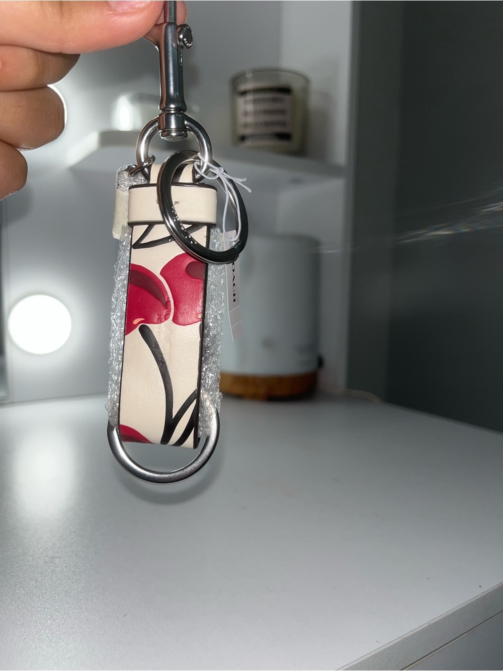 Coach Cream and Red Floral Leather Key Fob Keychain
